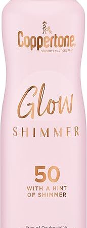 Coppertone Glow with Shimmer Sunscreen Spray SPF 50, Water Resistant Spray Sunscreen, Broad Spectrum SPF 50 Sunscreen Spray, 5 Oz Spray