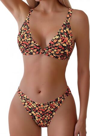 Women's Two Piece Floral Print Swimsuits Triangle Top Sexy Bikini Sets Low Waist Cheeky Bathing Suit