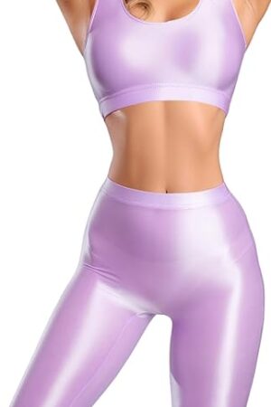 Women's Two Piece Sheer Clothing Set See Through Shiny Glossy Racerback Bra and Shorts Outfits