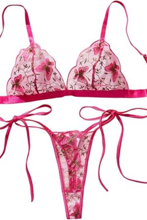 Women's Sexy 2 Piece Embroidered Underwear Lingerie Set Butterfly Kawaii Cute See Through Bra and Panty