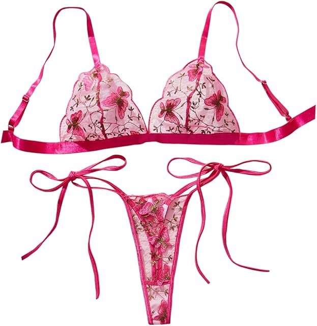 Women's Sexy 2 Piece Embroidered Underwear Lingerie Set Butterfly Kawaii Cute See Through Bra and Panty