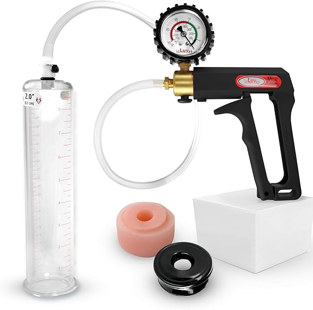 LeLuv Penis Pump Maxi Black Handle + Protected Gauge - Bundle with Clear Hose, Vacuum Seal and Silicone Donut Seal - 9 inch Length x 2 inch Diameter Cylinder