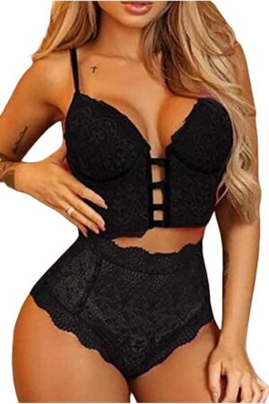 Womens Sexy Corset Lingerie Set Floral Lace Bustier Bra and High Waist Panty 2 Piece Nightwear Sleepwear