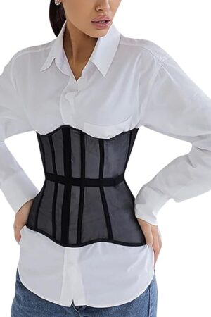 Women See Through Mesh Lace Up Corset Bustier Sexy Boned Wrap Bandage Tube Crop Top Waist Cincher Wide Belt