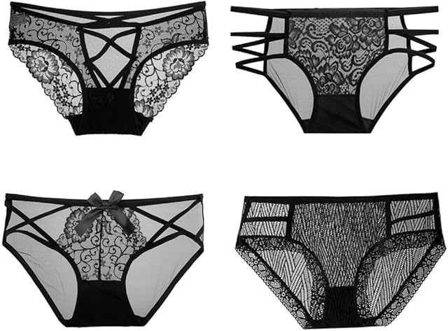 Womens Black Lace Panties Ladies 4 Pack Sexy Criss Cross Strappy Midnight Underwear