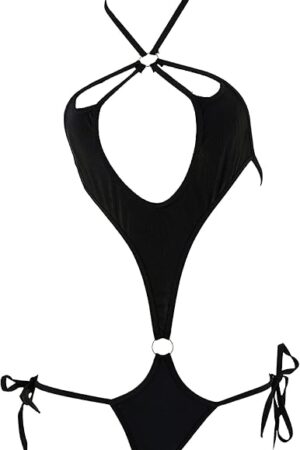 Womens Sexy Micro Anime Bikini Japaneses One-Piece Teddy Cosplay Swimsuit Hot Bandage Lingerie Babydoll Bodysuit (0658Black)