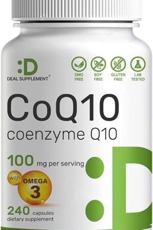 DEAL SUPPLEMENT CoQ10 100mg with Omega 3 100mg, 240 Capsules | Bioavailable Coenzyme Q10 Formula | Supports Heart, Energy & Brain Health | Antioxidant Support | Non-GMO