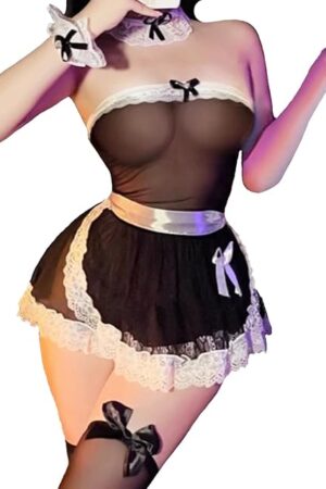 Womens French Maid Costume maid dress Sheer Maid Outfit Cosplay Lingerie Set Lace Babydoll Apron Fancy Dress
