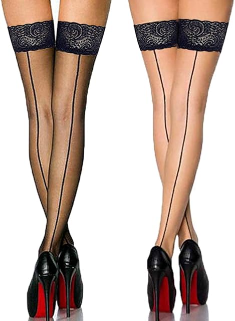 Vintage Nylon Lace Top Thigh High Stockings with Back Seam for Women Suspender Garter Belts-2 Pack