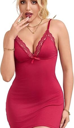 Womens Nightgown Sexy Lace Trim Sleepwear Mini Slip Dress Modal Chemise Sleep Lingerie Side Slit Nightwear S-2XL