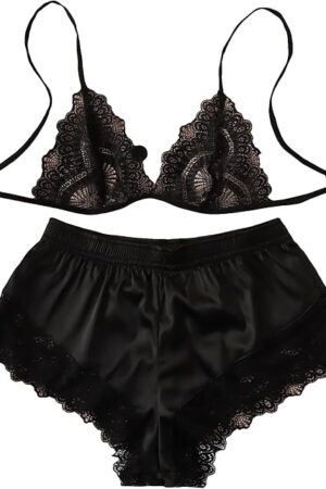 Women's Satin Lingerie Pajama Set Lace Triangle Bralette and Shorts Pjs Sleeveless Sleepwear