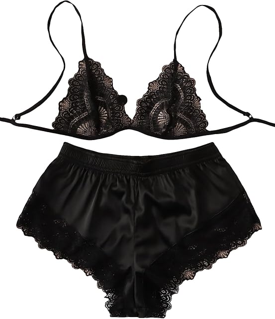 Women's Satin Lingerie Pajama Set Lace Triangle Bralette and Shorts Pjs Sleeveless Sleepwear