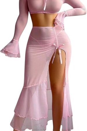 Women's Sheer Mesh Lingerie Skirt Sets Sexy Off Shoulder Long Sleeve Crop Top and Long Split Maxi Skirts Set