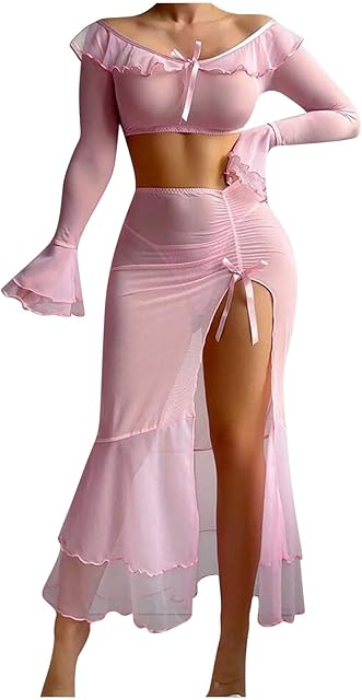 Women's Sheer Mesh Lingerie Skirt Sets Sexy Off Shoulder Long Sleeve Crop Top and Long Split Maxi Skirts Set