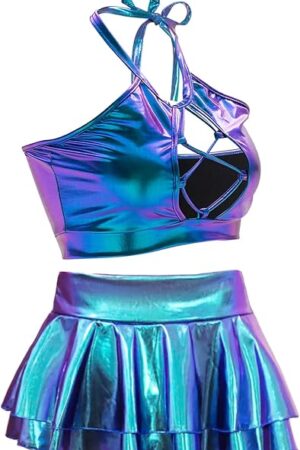 Women's Rave Outfit Sets For Women Festivals 2 Pcs Metallic Tops Skirt EDM Party Club Holographic Rave Outfits
