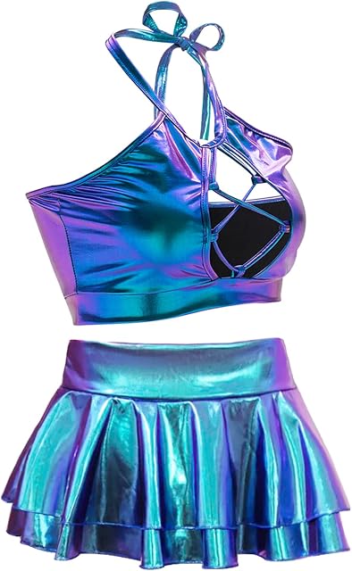 Women's Rave Outfit Sets For Women Festivals 2 Pcs Metallic Tops Skirt EDM Party Club Holographic Rave Outfits