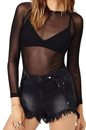 Womens See Through Sheer Blouse Long Sleeve Corset Casual Black Bodysuit Sexy Mesh Tops T Shirts for Women Plus Size