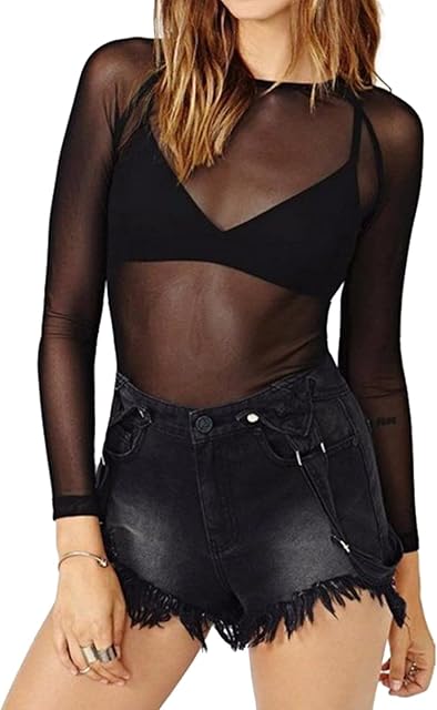 Womens See Through Sheer Blouse Long Sleeve Corset Casual Black Bodysuit Sexy Mesh Tops T Shirts for Women Plus Size