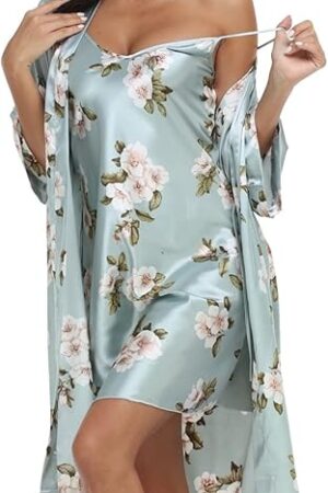 Women's Satin Robe Sets 2 Piece Nightgown Silk Pajama Sexy Floral Lingerie Lace Cami Sleepwear Night Robes