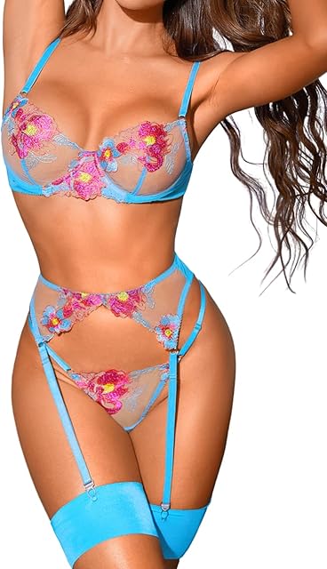 Floral Embroidered, Underwire, G-String, Garter Belt, 4 Pieces Lingerie