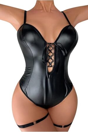 Women's Faux PU Leather Sleeveless Spaghetti Strap Cami Bodysuit Wet Look Lingerie V Neck Cut Out Leotard Clubwear