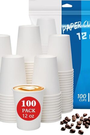 100 count 12 oz Coffee Cups, Leak-Proof Paper Cups 12 oz, Sturdy White Disposable Paper Coffee Cups for Cold and Hot Drinks