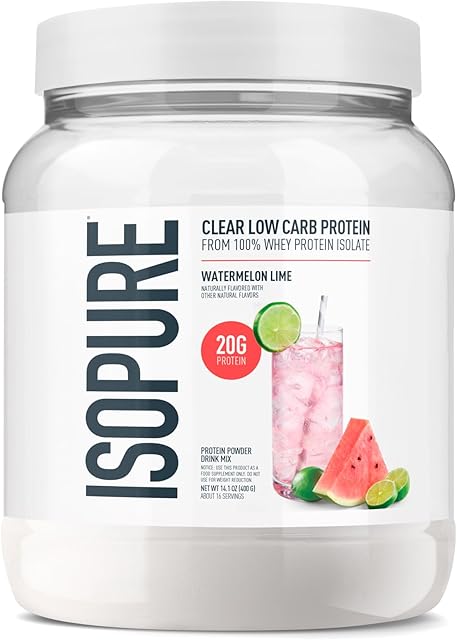 Isopure Clear Whey Isolate Protein Powder, Lactose Free, Gluten Free, Naturally Flavored, Watermelon Lime, 20g Protein Per Serving, 14.1 Oz, 16 Servings (Packaging May Vary)