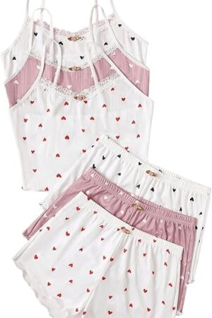 Women's 6 Piece Heart Pajama Set Lace Spaghetti Strap Cami Top and Shorts Sleepwear