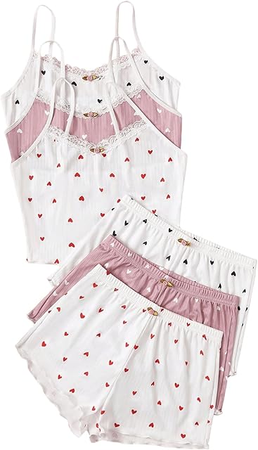 Women's 6 Piece Heart Pajama Set Lace Spaghetti Strap Cami Top and Shorts Sleepwear