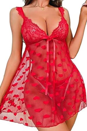 Lace Babydoll Heart Embroidery Ruffle Lingerie for Women Mesh Chemise Nightgown Dress Sheer See Through Wedding Nightie