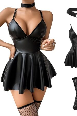 Dress Women Sexy Leather Skirt 3Pcs Set Mini Ladie Lingerie Fishnet Stocking Choker Evening Party