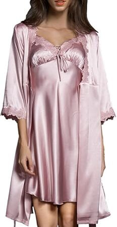 Women Sexy Silk Satin Robe Camisole Pajama Dress 2 Piece suit Sleepwear