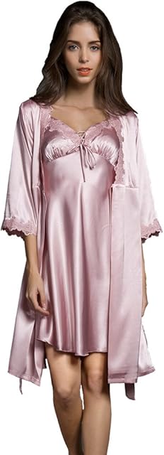 Women Sexy Silk Satin Robe Camisole Pajama Dress 2 Piece suit Sleepwear