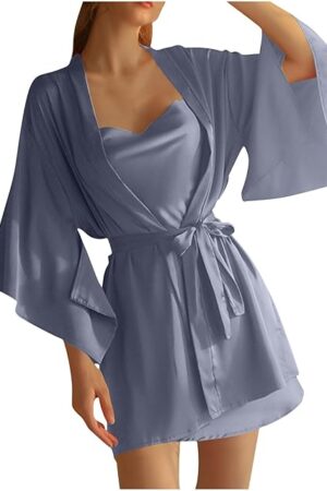 Women's Satin Robe Set 2 Piece Silk Pajamas Sets Cami Nightgown with Kimono Robes Nightwear Sexy Chemise Lingerie