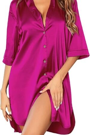 Women's Satin Silk Button Down Nightgown Loose Sleepwear Printed Nightshirt 3/4 Sleeve Dress Boyfriend Sleepshirt