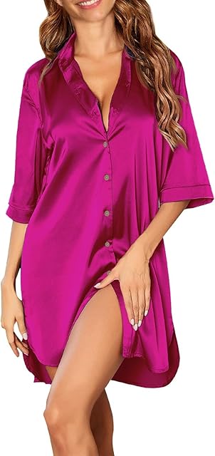 Women's Satin Silk Button Down Nightgown Loose Sleepwear Printed Nightshirt 3/4 Sleeve Dress Boyfriend Sleepshirt