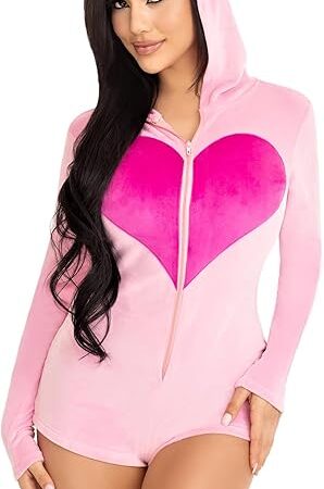 Womens Sweetheart Bear Zip Up Romper With Heart Accents