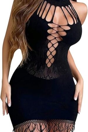 Womens Lingeries Sexy Fishnet Bodysuit Lace Crisscross Hollow Out Nightgown Sheer Mesh See Through Teddy Bodysuit
