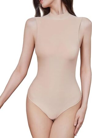 Women Mock Turtle Neck Sexy Bodysuits Sleeveless Tank Top Jumpsuit Leotard Double Lined Shapewear