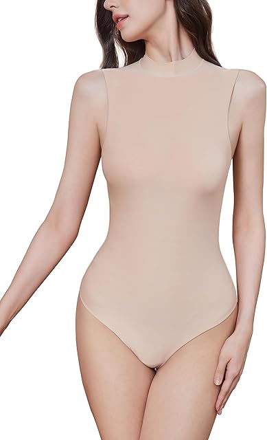 Women Mock Turtle Neck Sexy Bodysuits Sleeveless Tank Top Jumpsuit Leotard Double Lined Shapewear