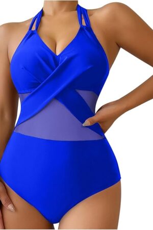Womens Sexy Mesh Swimsuit One Piece Tummy Control Front Cross Halter Bathing Suits Vintage Slimming Push up Swimwear