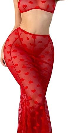 Women's 2 Piece Lingerie Set Heart Print Sheer Mesh Bra and Long Skirt Sets