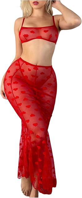 Women's 2 Piece Lingerie Set Heart Print Sheer Mesh Bra and Long Skirt Sets