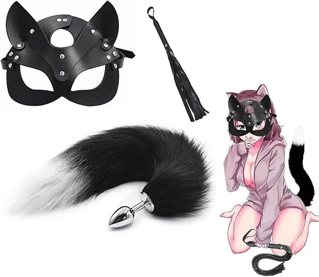 Fox Mask Plush Tail Anal Plug Metal Anus Bead Butt lash Half Cat Mask Party Sexy Adult Whip Stimulator Sex Toys for Women's Leather Costume Cosplay Fetish Restrain