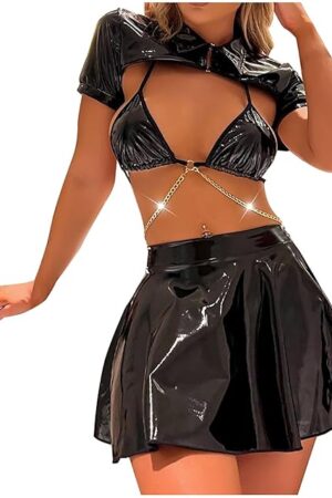 Womens Sexy Faux Leather Lingerie Sets Wet Look Rave Party Outfits with Mini Skirts Naughty Metal Chain Costumes