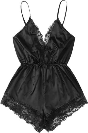 Women Satin Lingerie Bodysuit V Neck Lace Trim One Piece Teddy Babydoll Spaghetti Strap Pajamas Romper Sleepwear