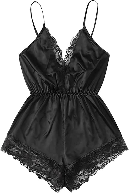 Women Satin Lingerie Bodysuit V Neck Lace Trim One Piece Teddy Babydoll Spaghetti Strap Pajamas Romper Sleepwear