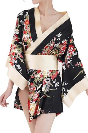 Women's Sexy Kimono Lingerie Pink Blossom Pattern Mini Kimono Dress Nightgown Bathrobe Short with Obi Belt