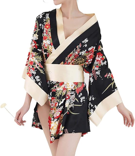 Women's Sexy Kimono Lingerie Pink Blossom Pattern Mini Kimono Dress Nightgown Bathrobe Short with Obi Belt
