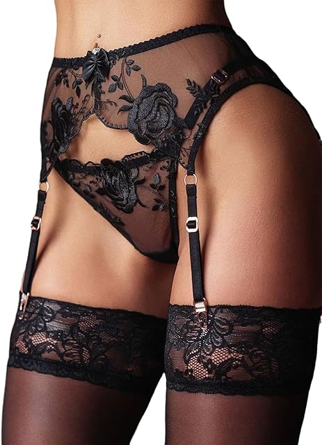 Lace Garter Belt Thong Set for Women Suspender Lingerie with 4 Metal Clips Holder Belts for Stockings+G-string